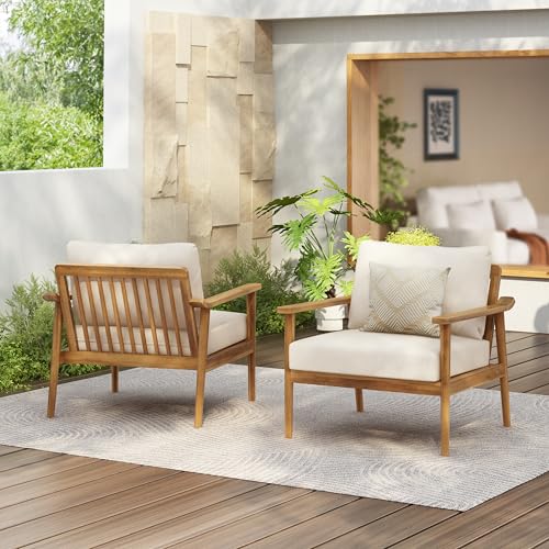 Christopher Knight Home Batis Acacia Wood Lounge Chair Outdoor Set of 2, Wooden Patio Accent Chair Set, Comfy Reading Seat with Removable Cushion, Patio Furniture Set, Teak+Beige