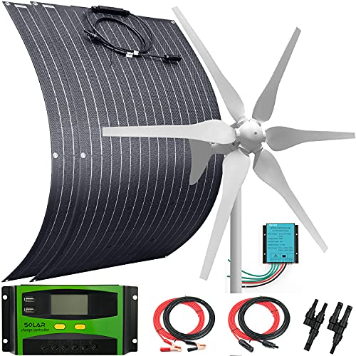 600W Wind Solar Power Kit 12V Hybrid Off Grid System:400W Wind Turbine Generator/2pcs 100W ETFE Flexible Solar Panel Monocrystalline/Charge Controller/Cable