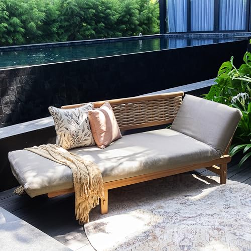 Cambridge Casual Auburn Teak Wood Outdoor Convertible Sofa Daybed – 3-in-1 Patio Couch, Outdoor Futon Sofa Bed & Chaise Lounge with Honey Brown All-Weather Wicker & Cast Shale Cushion