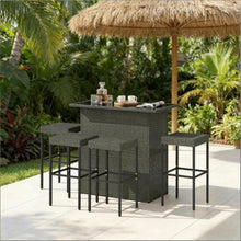 Hassyee 5 Pieces Outdoor Wicker Bar Set with Tempered Glass Tabletop and Strong Construction for Poolside, Garden, Patio Furniture Set with Two Tier Shelves for Balcony (Dark Gray)
