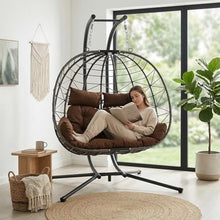 Double Hanging Egg Chair with Stand, 2-Person Large Patio Hammock Swing Chair with Thick Brown Cushions and Headrest Pillows, All-Weather PE Rattan Loveseat for Indoor Outdoor Balcony and Garden