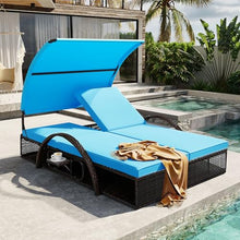 KIPONURA Outdoor Double Chaise Lounge Chair with Canopy, Patio Sun Lounger Daybed with 5-Level Adjustable Backrest, Hidden Side Table, Steel Frame Wicker Sunbed for Poolside Backyard Garden