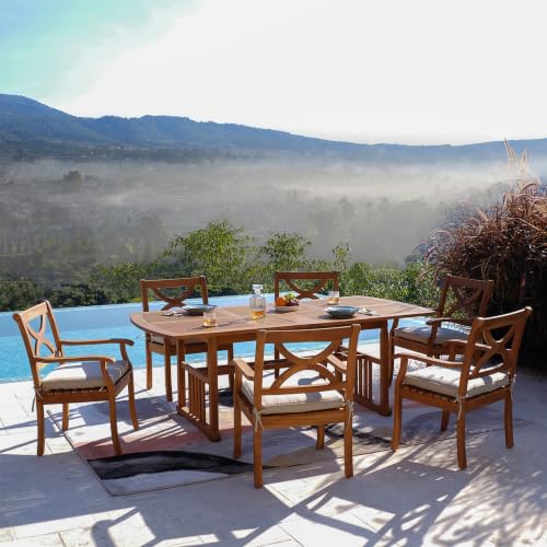 Cambridge Casual Haley 7-piece Teak Outdoor Dining Set, Includes 6 Armrest Dining Chair with Seatpad and Extandable Dining Table with Umbrella Hole
