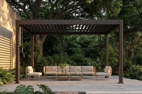 Patio Kingdom 10' x 10' Louvered Pergola Outdoor Aluminum Pergola Kit with Adjustable Roof, All-Weather Metal Gazebo with Drainage System for Patio, Deck, Garden and Backyard Shade, Brown