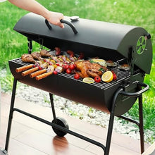 Charcoal Barbecue, Portable Barrel Barbecue with Warming Rack, Air Vents & Wheels, Barrel Charcoal BBQ Grill With Lid Cover, Built-in Temperature Gauge, for Grilling Meat, Fish & Vegetables