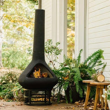 Ash & Ember Ceramic Chiminea Fire Pit with Stand, Smoke-Reducing Chimney, Semi-Enclosed Outdoor Fireplace for Backyard Patio or Deck, Cooking Grate and 18" Stand Included