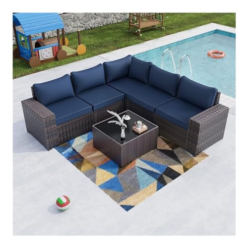 HTERWQEA 6‑Piece Dark Blue Rattan Patio Furniture Set, All-Weather Sectional Sofa with Cushions, Outdoor Conversation Set, Wicker Sofa for Garden, Porch, Backyard
