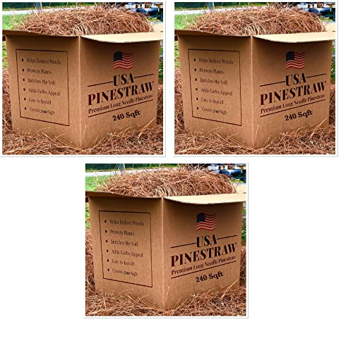 Long Needle Pine Straw Mulch - 240 Sqft Coverage 3 Set - Premium USA Harvested PineStraw for Landscaping, Weed Control, Moisture Retention & Erosion Control - USA Pinestraw