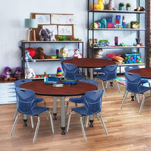 Romig Adjustable Classroom Table 48" Cherry with 4 Stack Chairs Navy Blue