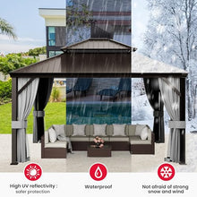 Pamapic 12'x14' Hardtop Gazebo with Double Roof, Netting & Curtains, Brown