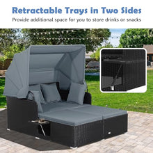 Salches Outdoor Rattan Daybed with Retractable Canopy, High-Resilient Soft Cushions, Foldable Side Trays, Outdoor Bed Loveseat for Garden, Backyard, Porch (Gray)