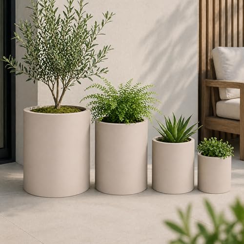 Set of 4 Round Cylinder Polystone Indoor/Outdoor Planters, Sand