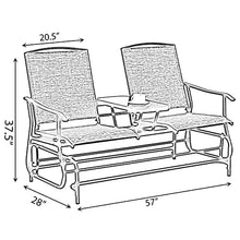 Gardenised Two Person Outdoor Double Swing Glider Chair Set with Center Tempered Glass Table, Loveseat Lawn Rocker Bench