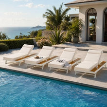 Merax 4 piece White Iron Teak Finish Chaise Lounge Set with 4" Thick 4-Fold Cushion with Headrest, 400 lbs Capacity, Adjustable Backrest with Flat Storage Surface for Patio, Poolside, Backyard, Cream