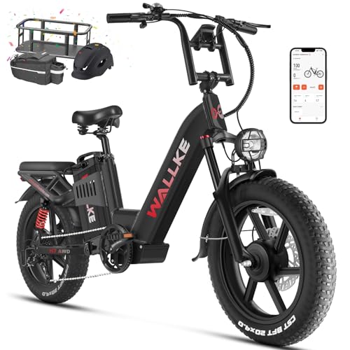 W Wallke Electric Bike for Adults 48V 40Ah 1600W/2800W Peak Dual Motor Fast Long Range Ebike 20 inch Fat Tire Full Suspension Electric Bicycle 31/34MPH Step Thru E-bike APP Control UL2849 Certified Black