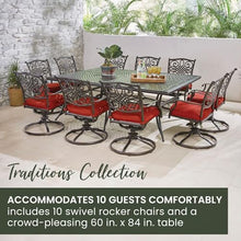 Hanover Traditions 11-Piece Modern Outdoor Dining Set with Rust Resistant Cast Aluminum Table and 10 Red Swivel Rocker Chairs