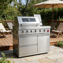 GDFStudio 75300 BTU 6-Burner Gas Grill Island, Deluxe SS304 Stainless Steel Outdoor BBQ Station with Rotisserie, Granite Countertop, Propane/Natural Gas, 46‘’, Silver