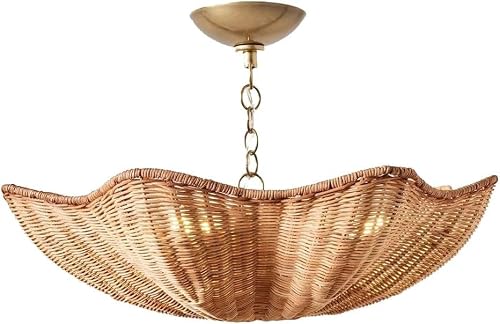zhongheng Boho Rattan Scalloped Pendant Light Fixture 20.4'' Natrual Hand-Woven Shade, Rustic, Cottage, Farmhouse, for Kitchen Island Dinning Room Living