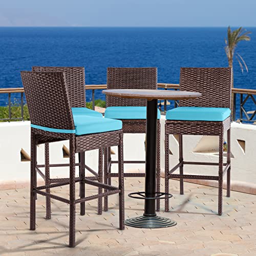 Outdoor Bar Stools Set of 4 with Backs Wicker Counter Height Bar Stools for Patio Armless Tall High Top Chairs for Outside with Footrest Cushion Blue All Weather Brown Rattan