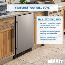 Summit 21” Refrigerator, Outdoor, 3.5 cu.ft. Capacity, ADA Compliant, Undercounter, Built-in Ready, Stainless Steel - SPR621OSLHD (Left Handed Door Swing)