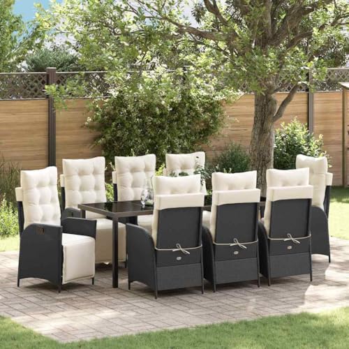 LKJVFCPW 9 Piece Outdoor Dining Set for 8, Patio Furniture Table and Chairs with Cushions and Adjustable Footrests, Poly Rattan Garden Dining Furniture, Black