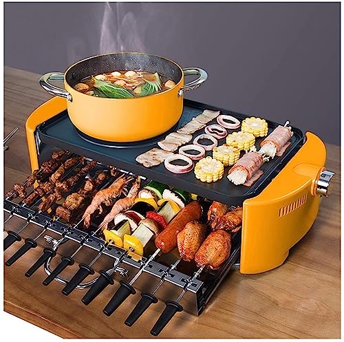 Electric BBQ Grill Indoor Portable Electric Grill, Indoor Hot Pot Chafing Dish Electric Barbecue Grill Non-stick Baking Tray Skewers, Large Capacity Household Multifunctional (Color : Orange)