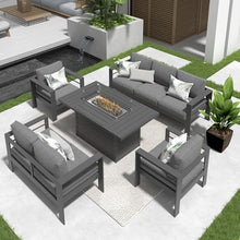 Solaste Aluminum Patio Furniture Set with Fire Pit Table, 7 Seats, Water-Resistant Cushions Grey
