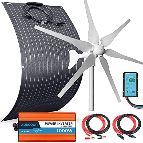 AUECOOR 500 Watts 12 Volts Solar Panel Wind Turbine Hybrid System Kit: 100 Watts ETFE Flexible Monocrystalline Solar Panel+400 Watts Wind Turbine+1000W Inverter + Accessories,for Home RV Boats Roofs