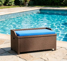 YZFfnte 2-in-1 Outdoor Wicker Storage Bench with Cushion - 34 Gallon Patio Deck Box with Gas Struts - Weather-Resistant Aluminum Garden Bench for Porch, Pool & Backyard