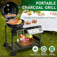 Portable Charcoal Grill with Cart Slide-Out Ash Catcher 21'' BBQ Grill with Porcelain Enamel Lid Thermometer and Wheels Small Charcoal Grills for Outdoor Backyard Camping Iron Black