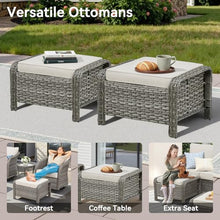 Seeheool Outdoor PE Wicker Ottomans Set of 2, Patio Gray Rattan Footrests with Beige Cushion for Backyard or Deck