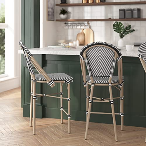Merrick Lane Mael Bistro Style Stacking Counter Stools - Indoor/Outdoor Textilene Back and Seat - Light Bamboo Finish Metal Frame - Set of Two - Black/White