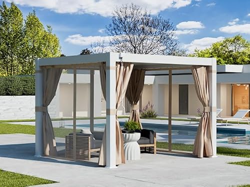 COSIEST 10'×10' Louvered Aluminum Pergola with Adjustable Roof, Netting & Curtains White