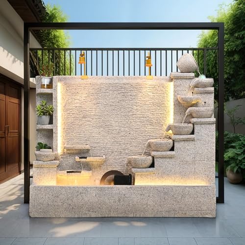 5.8ft Wide Premium Ivory White Cement Waterfall Fountain Set with LED Lights & Planter Slots for Indoor & Outdoor Use | Left, Right, or Full Set Options | Durable Stone-Like Finish (Left)(Right)