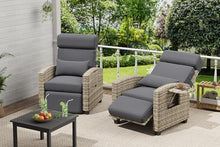 SunnyFurn 2PCS Outdoor Recliner Chair, Reclining Patio Chairs with 150° Adjustable Backrest & Footrest, Wicker Recliner Chairs with Flip Table and Removable Thick Cushion for Poolside, Deck, Balcony