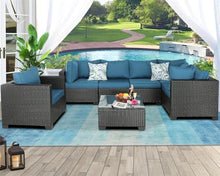 HTERWQEA 7‑Piece Wicker Patio Furniture Set Outdoor Couch Sectional Conversation Set with Glass Coffee Table and Cushions, All Weather Rattan Patio Furniture for Garden Poolside Backyard Porch