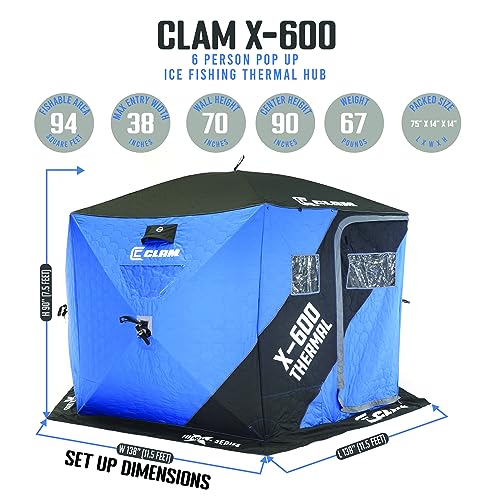 CLAM X-600 Portable 6 Person Thermal Hub Shelter Tent for Ice Fishing