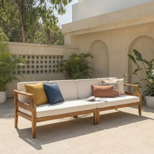 Merax 4-Seater Acacia Wood Mid-Century Modern Outdoor Sofa Set, Teak+Beige