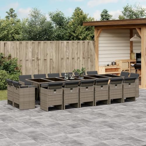 WDGJJFECNMUEHI 17 Piece Outdoor Dining Set with Cushions, Gray Poly Rattan Patio Furniture Set for Garden Backyard, Foldable Chairs, Tempered Glass Table, Weather-Resistant PE Wicker