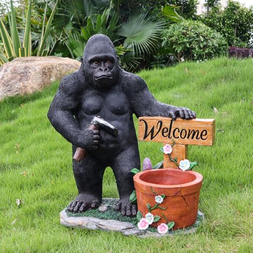WEALTHOUSE Gorilla Outdoor Statue Garden Sculpture with Flower Pot and Welcome Sign, Resin Animal Yard Decor for Patio Lawn Porch Courtyard Walkway Entryway Landscape Ornament (Standing Gorilla)