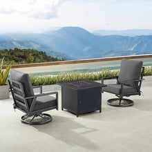 Oakland Living Black Aluminum Patio Fire Table Bistro Set with Two Club Chairs with Black Cushions