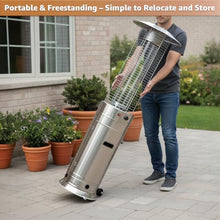 46,000 BTU Stainless Steel Round Commercial Propane Outdoor Patio Heater with Glass Flame Tube and Protective Mesh – Freestanding Portable Design with Wheels for Patio, Deck, Restaurant, Events