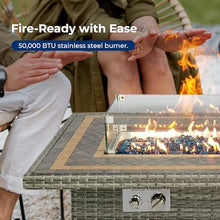 SereneLife Outdoor Propane Fire Pit Table, 50,000 BTU Wicker Gas Firepit with Tile Tabletop, with Glass Wind Guard and Decorative Glass Stones, CSA Certified, Weatherproof Cover, 43"x27"x25"