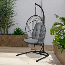 YWMLFZ Hanging Wicker Egg Chair w/Stand Cushion Foldable Outdoor Indoor Beige/Gray(E)