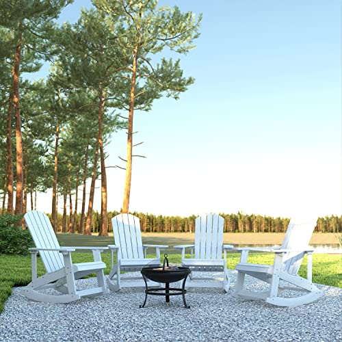 EMMA + OLIVER 4 Marcy Adirondack Rocking Chairs & Fire Pit Set White