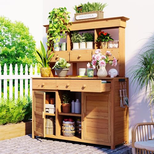 65.7" Tall Garden Potting Bench Table with Hutch, Patio Storage Workstation with 3 Shelves, 6 Drawers, 2 Cabinets & Side Hooks for Mudroom & Doorway,Natural