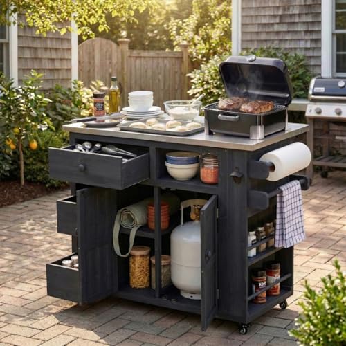Garden Potting Bench with Stainless Table Top, 2 Movable Shelves and 1 Bottle Opener, Large Patio Rolling Kitchen Island, Solid Wood Kitchen Cart (41.7'' Black)