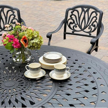Darlee Elisabeth 7 Pc Cast Aluminum Dining Set w/ 60 Inch Round Table & Swivel Rockers in Antique Bronze/Beige Canvas