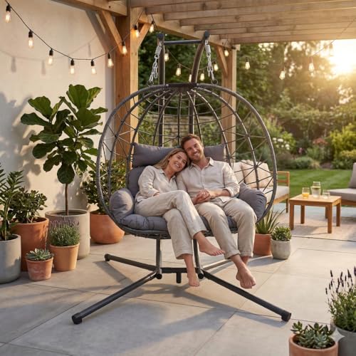 Double Hanging Egg Chair with Stand for Two Persons, Oversized Outdoor Patio Swing Loveseat with Cushions for Garden, Balcony, Living Room, Bedroom