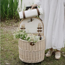 FENOKD Picnic Basket Rattan Trolley Camping Storage Baskets Retractable Drawbar Picnic Basket Lunch Baskets with Wheels for Road Trips Outdoor Camping，